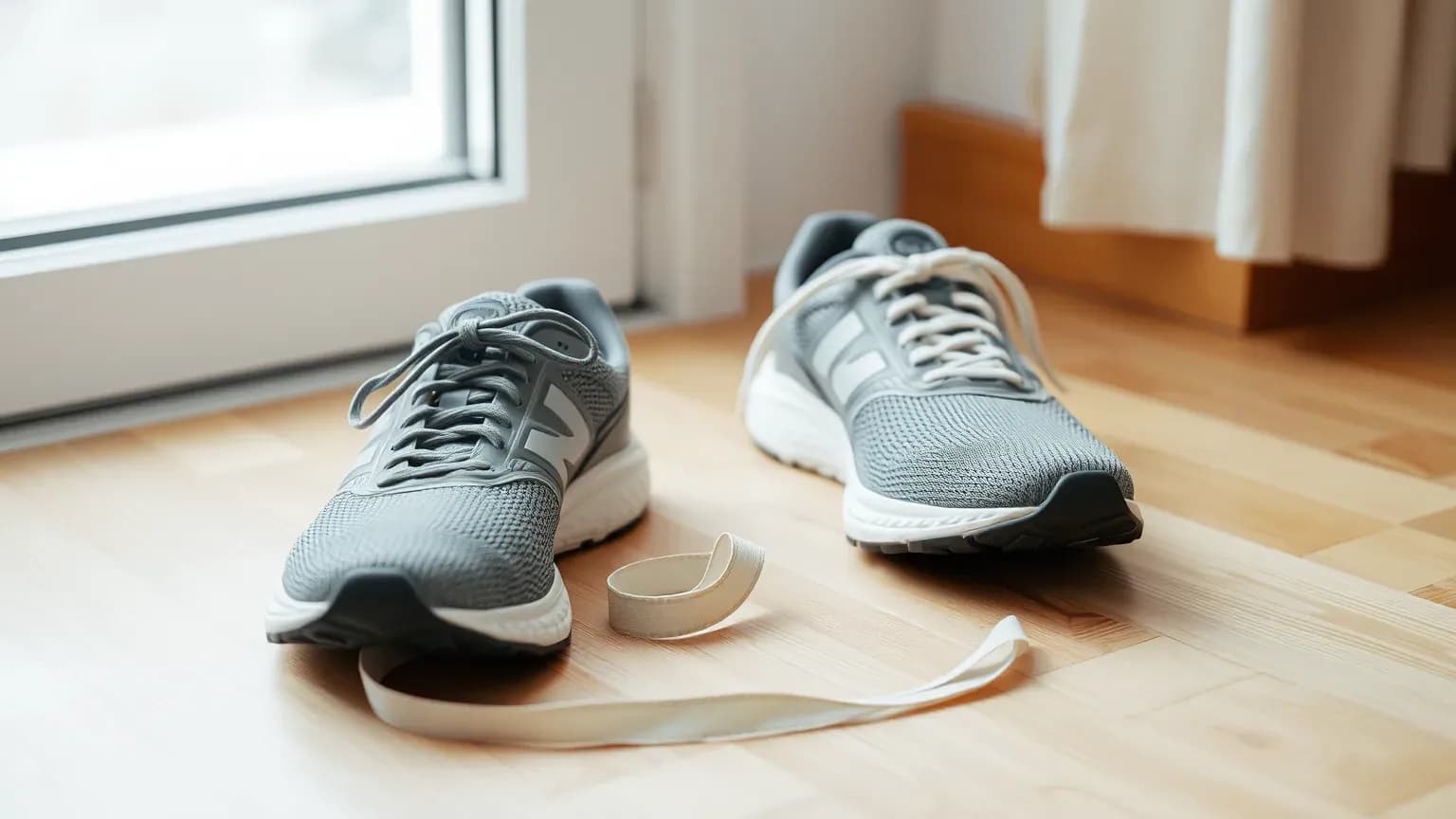 A pair of grey running shoes and a loose strip of fabric tape on a wooden floor by a window
