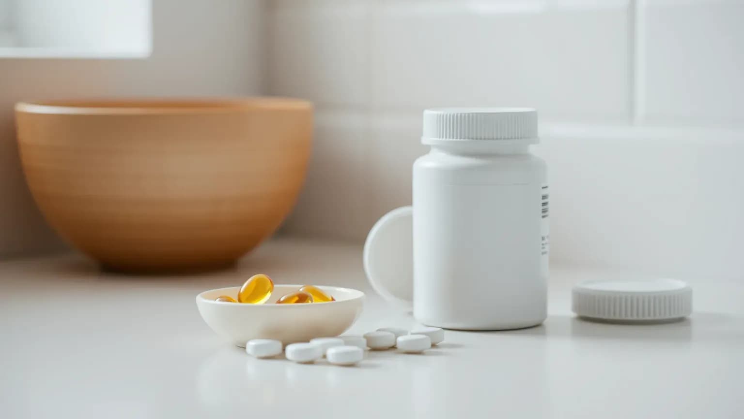 Amber softgels in a small dish beside loose white tablets and a plain white pill bottle