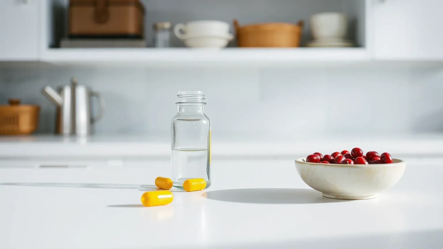 Three yellow capsules and a small glass bottle beside a bowl of red berries on a white kitchen counter