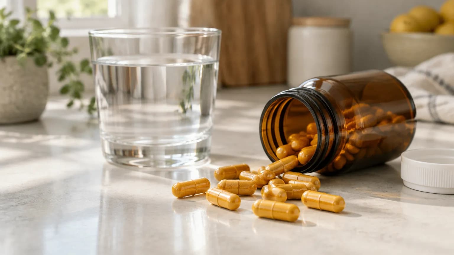 Berberine capsules spilled from a bottle beside a glass of water on a kitchen counter