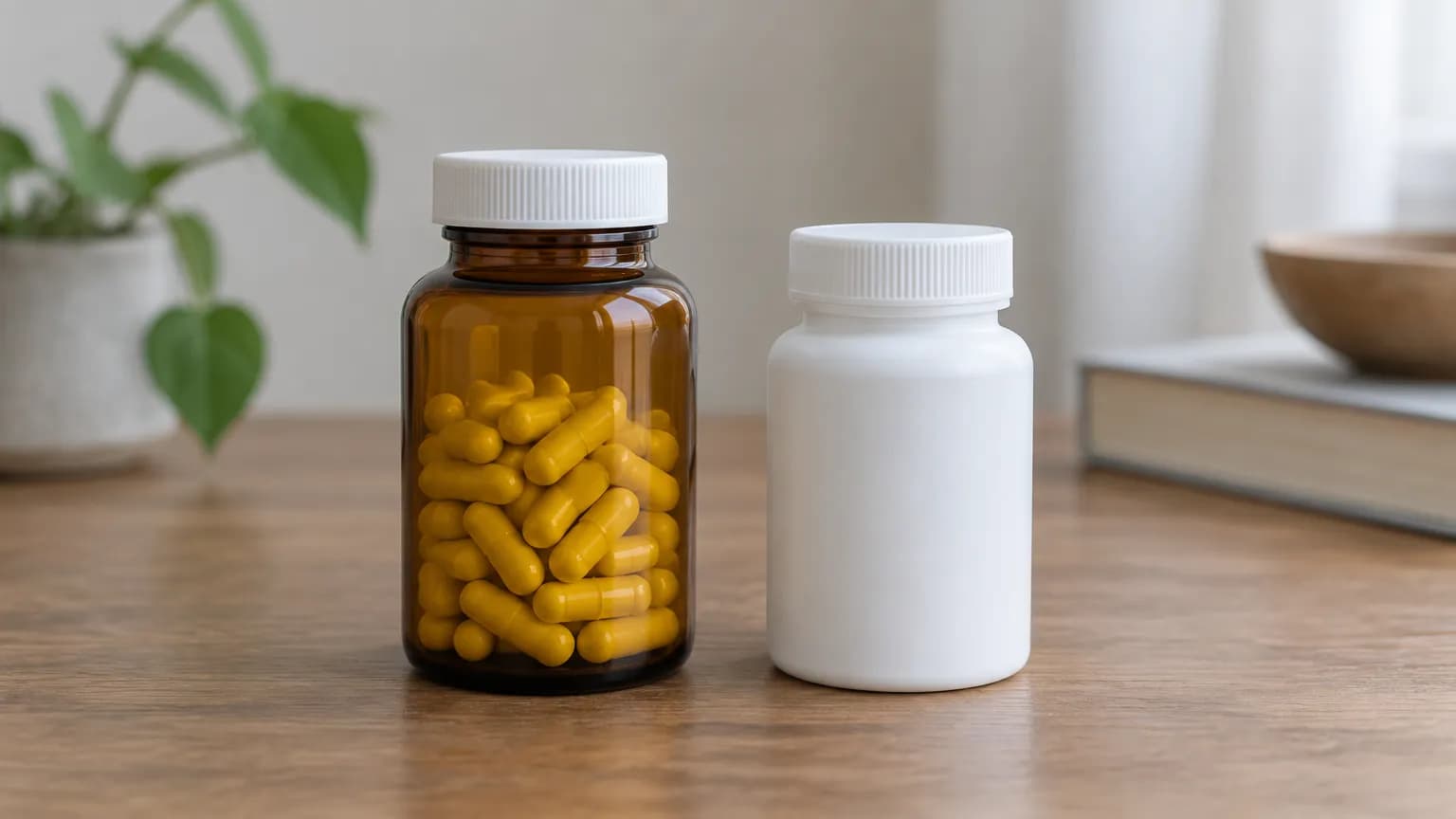 A bottle of berberine capsules and a prescription pill bottle side by side on a table