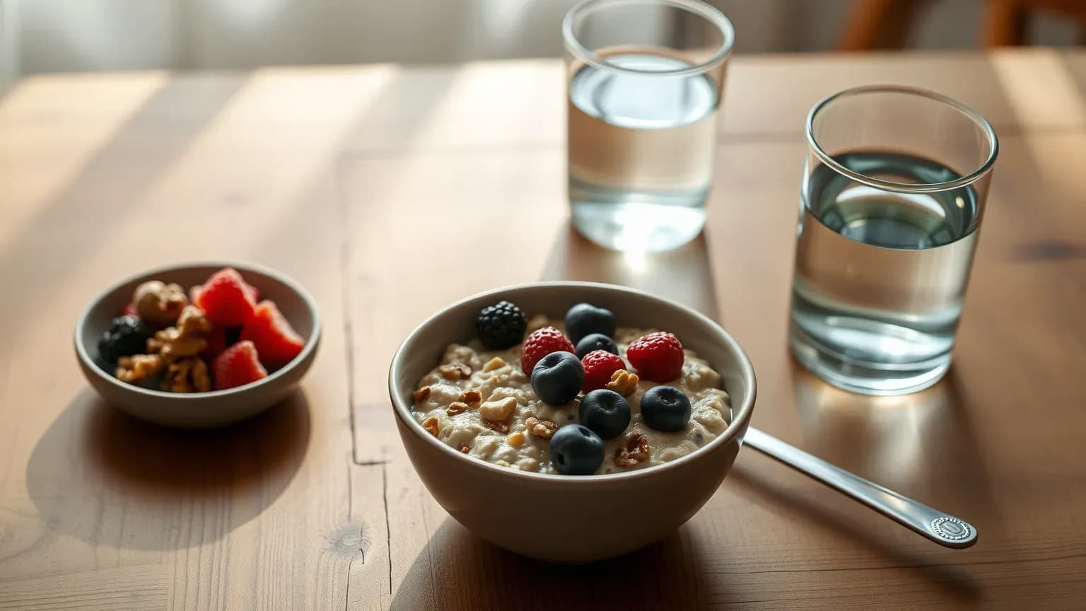 A bowl of oatmeal with berries and walnuts, a small dish of fruit and nuts and two glasses of water on a wooden table