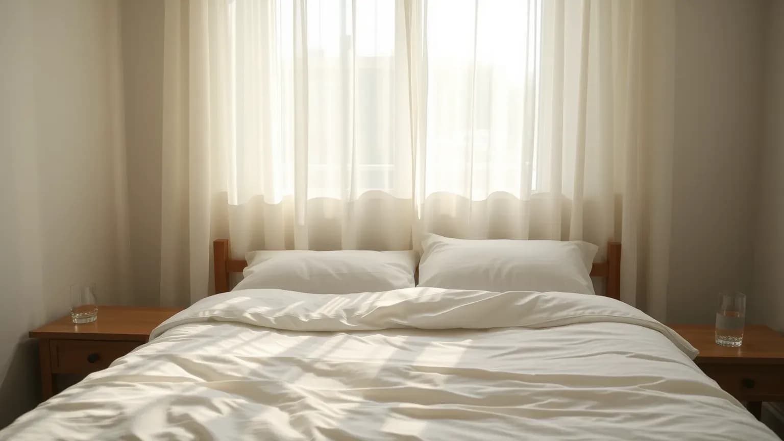Morning light through sheer curtains across a made bed, with glasses of water on the bedside tables