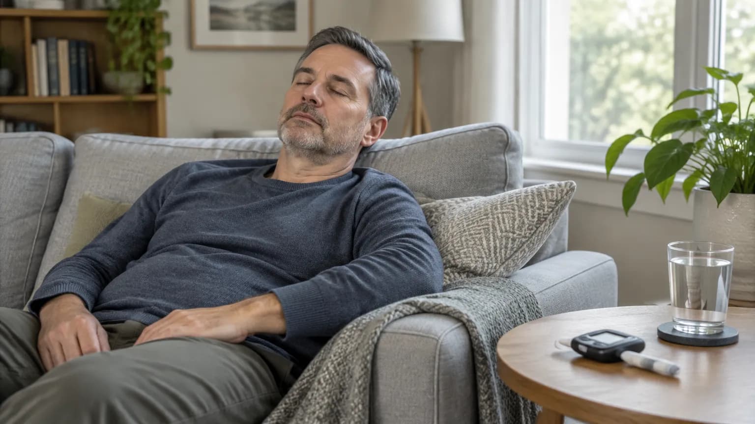 A man resting on a sofa in the afternoon with a glucose meter on the side table