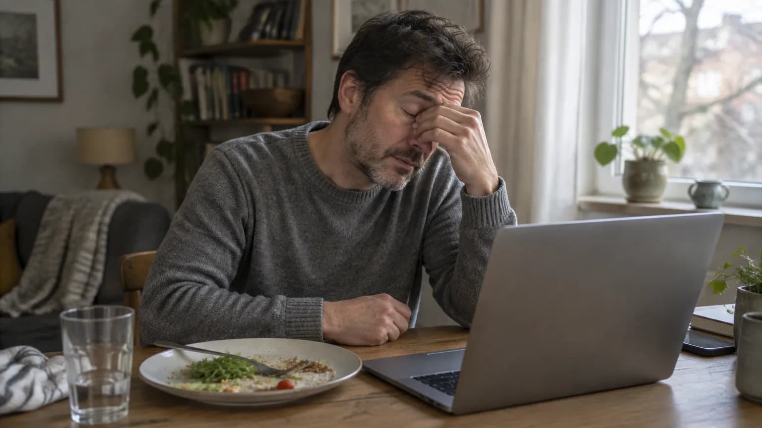 A tired middle-aged man rubbing his eyes at a desk in the afternoon