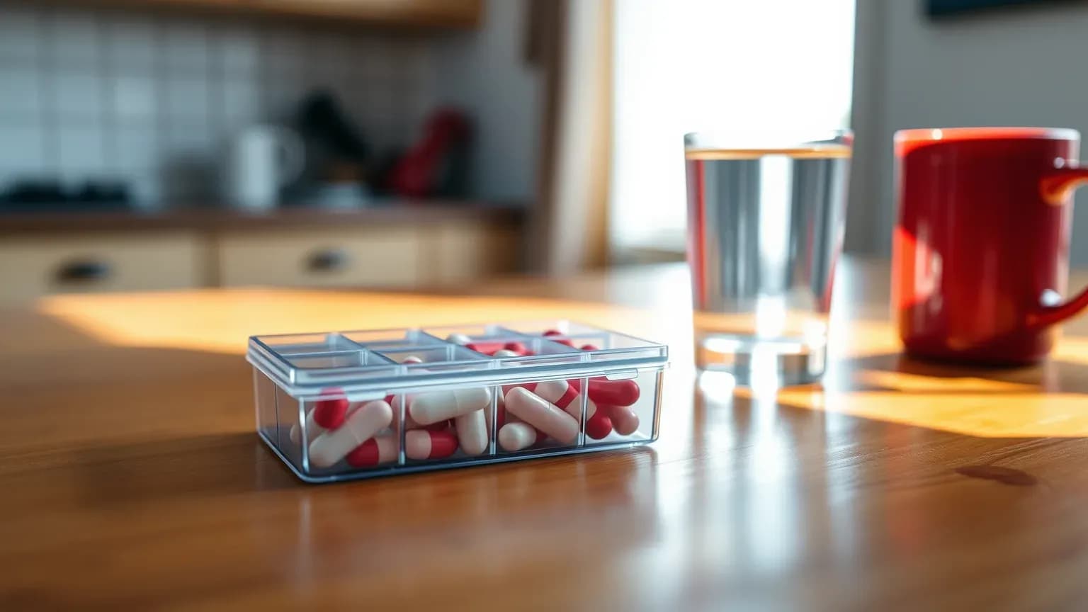 A clear pill organiser with red and white capsules beside a glass of water and a red mug on a sunlit kitchen table