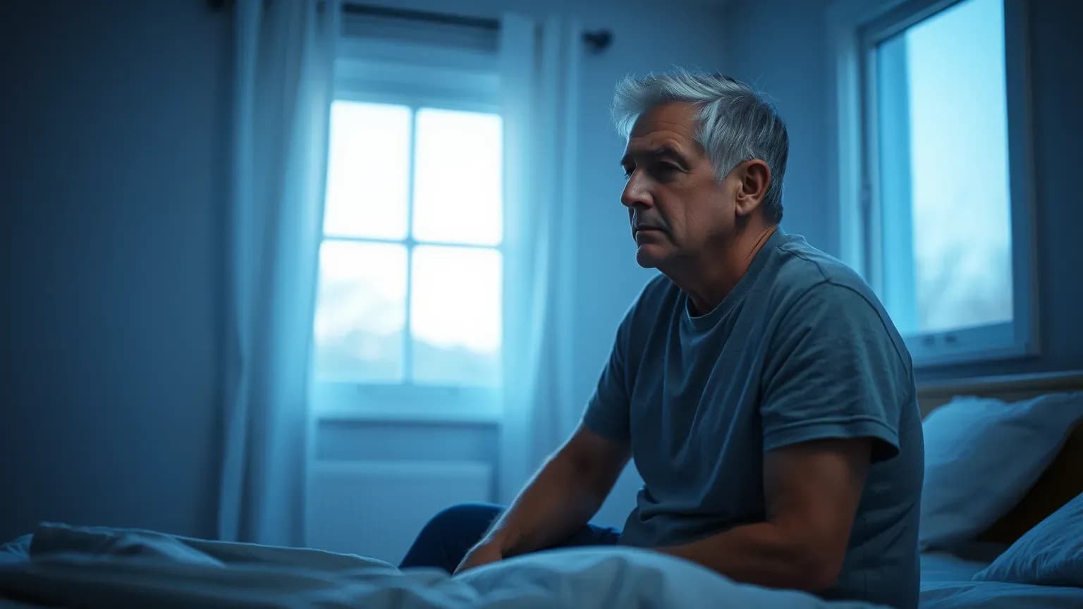 A grey-haired man in his sixties sitting on the edge of his bed at dawn, looking tired
