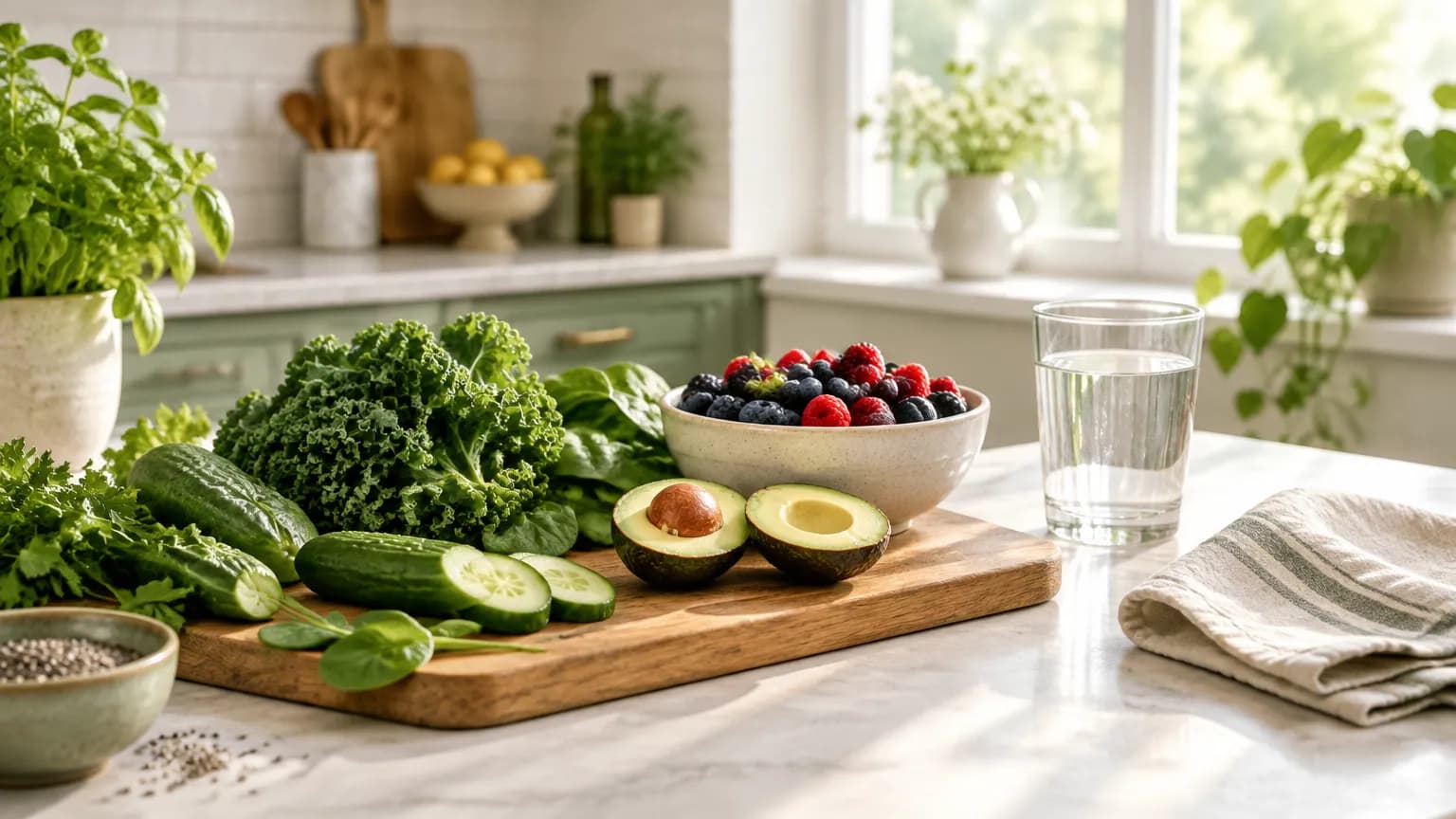 Fresh vegetables, avocado and berries on a wooden board in a bright kitchen