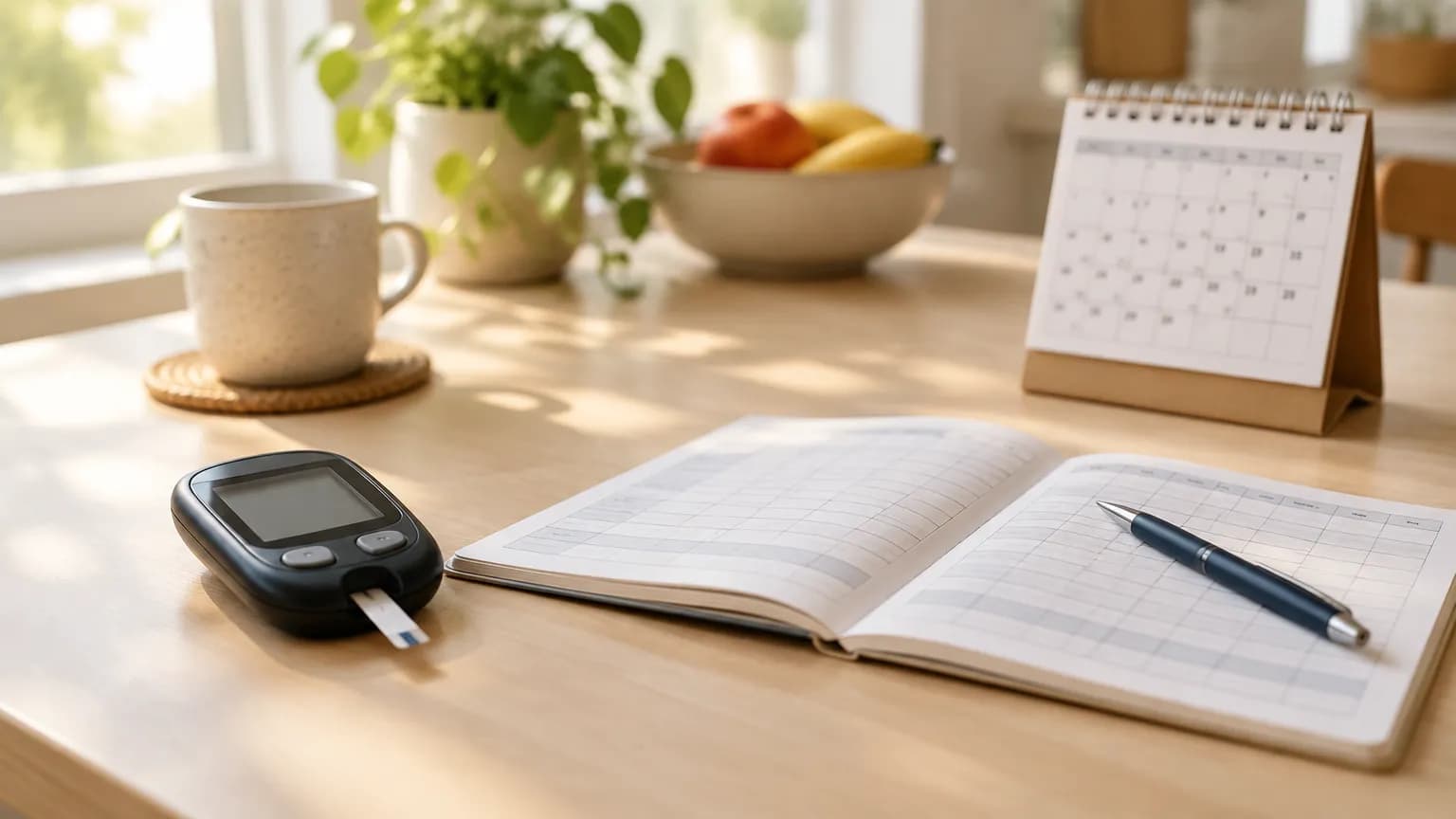 A glucose meter, a logbook and a calendar on a kitchen table