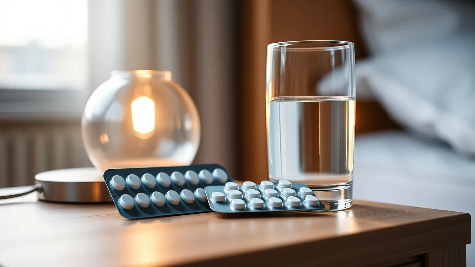 Two blister packs of white tablets and a glass of water on a bedside table beside a glowing lamp