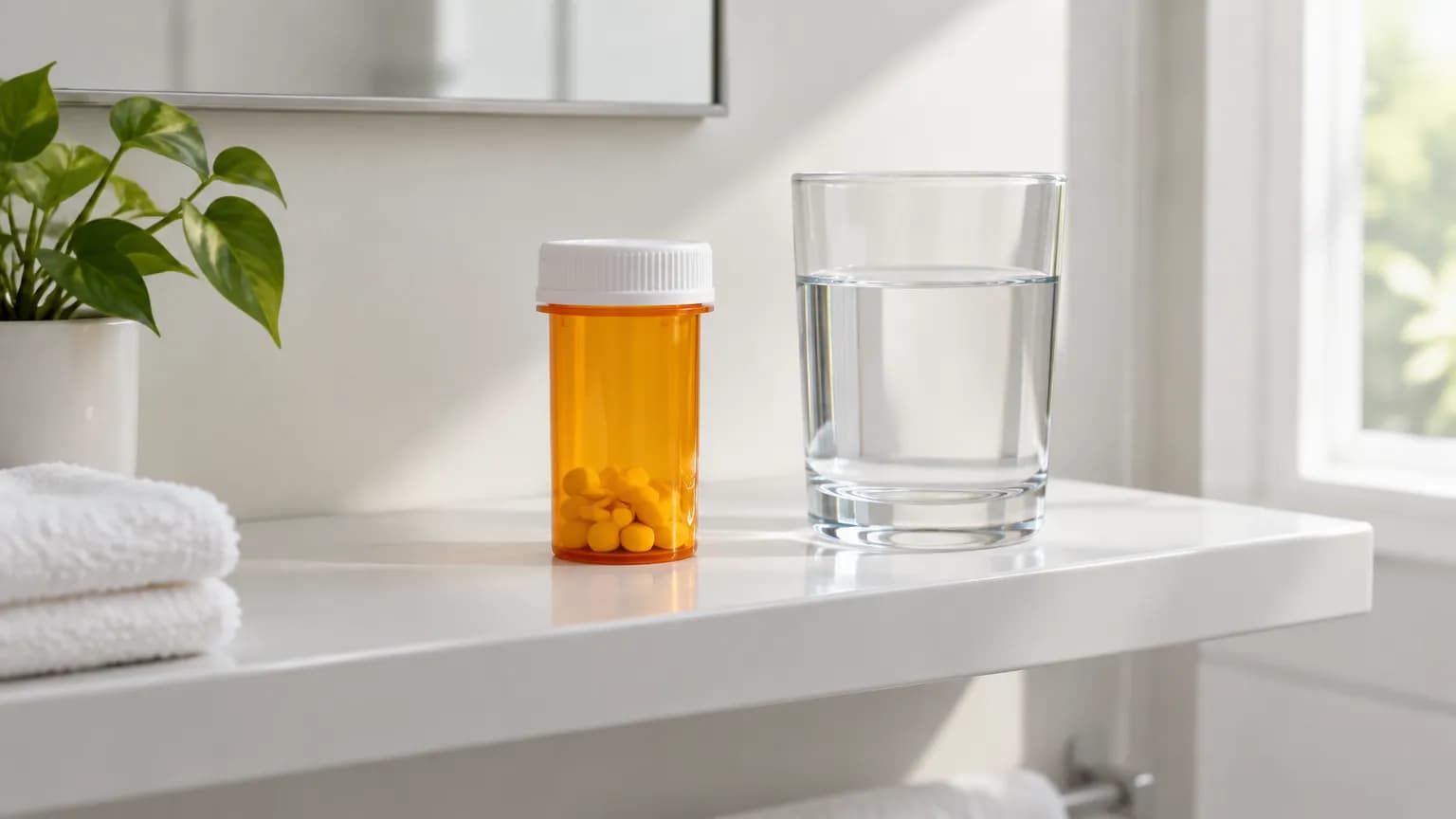 A prescription bottle of capsules and a glass of water on a bathroom shelf
