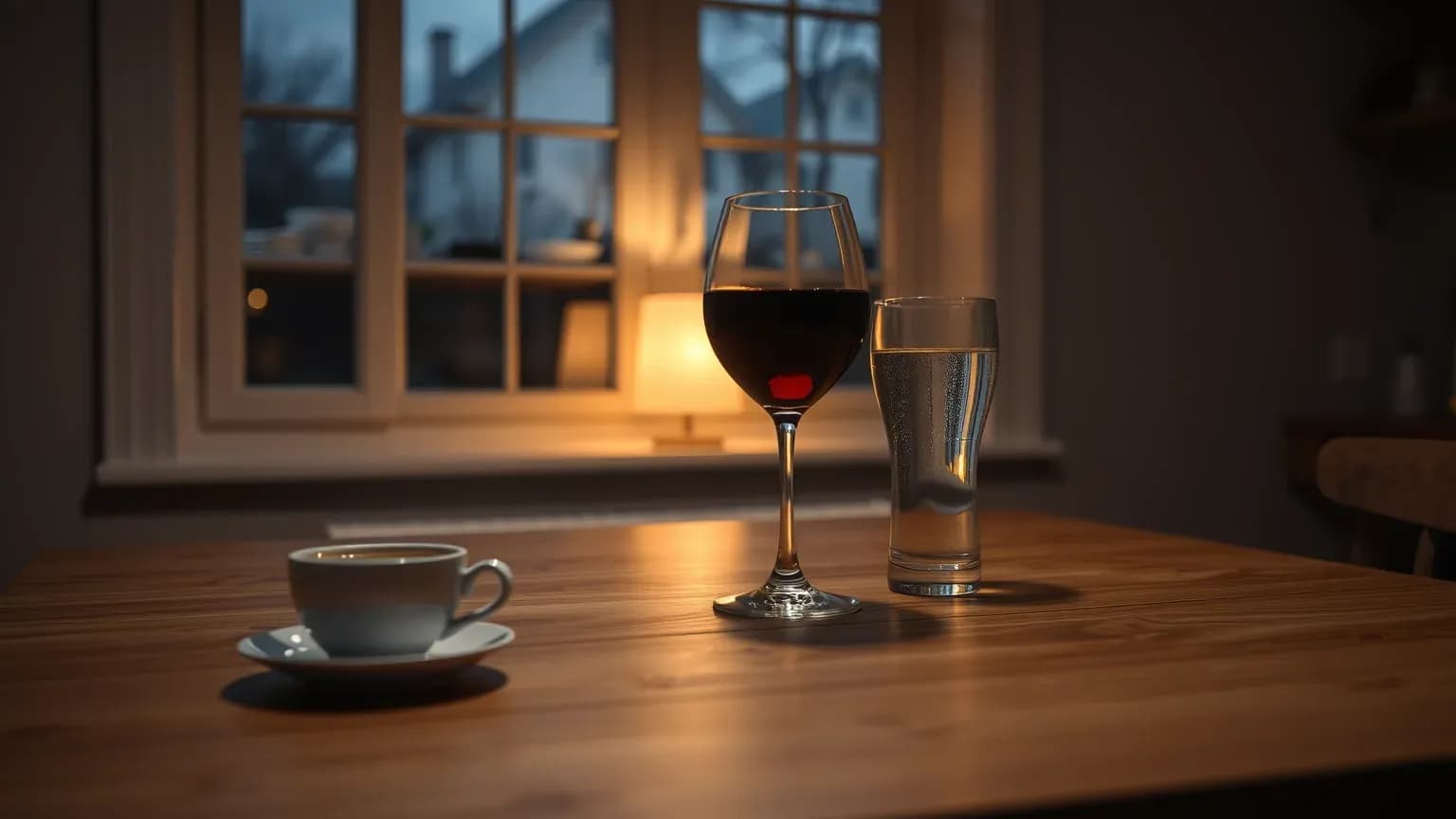 A cup of tea, a glass of red wine and a glass of water on a kitchen table in the evening
