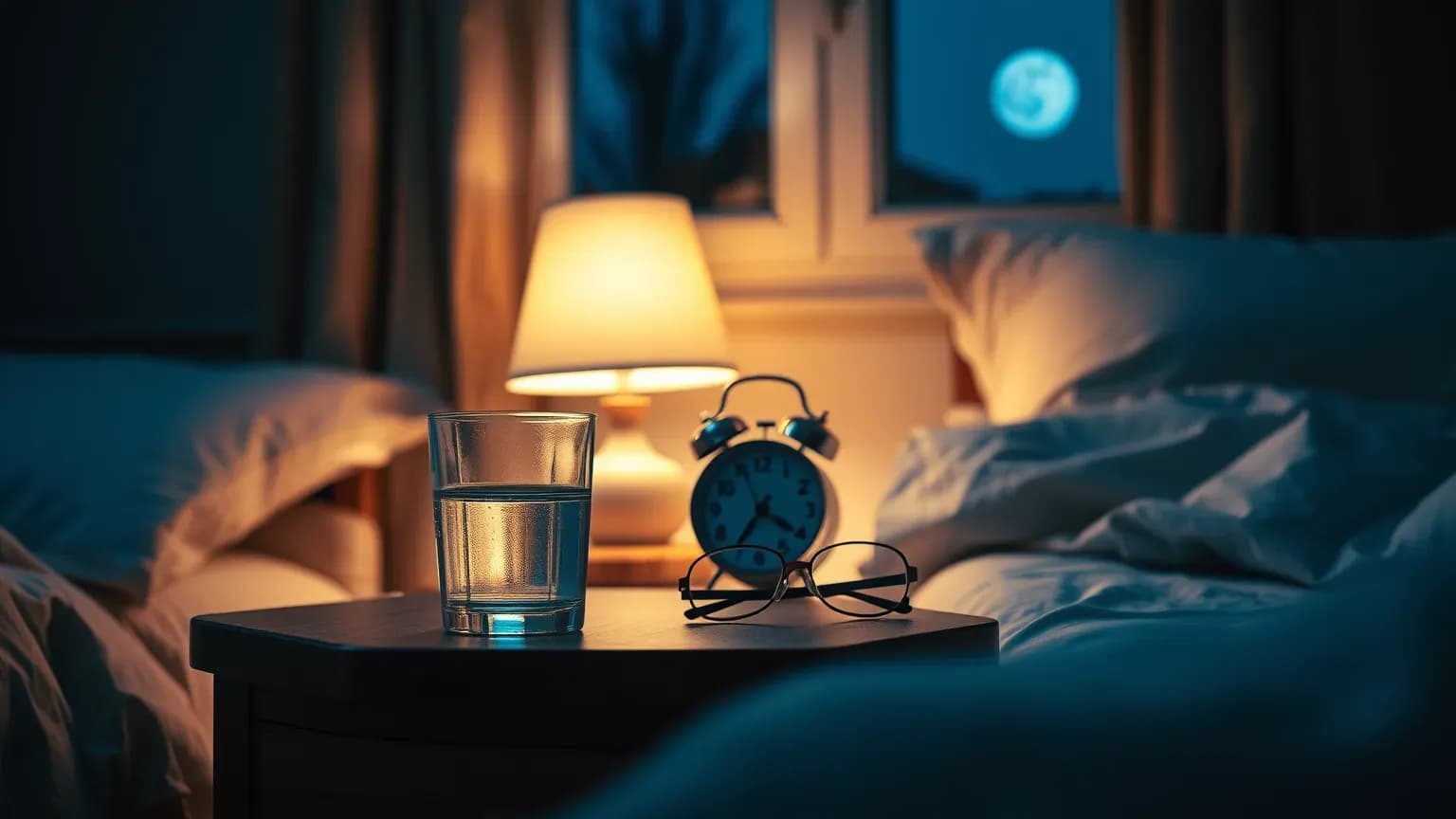 A bedside table at night with a glass of water, reading glasses and an alarm clock in lamplight beside an unmade bed
