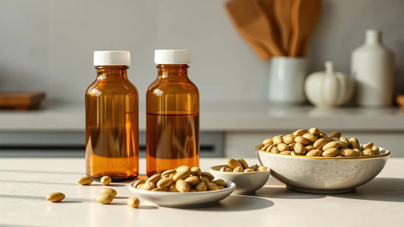 Two unlabelled amber supplement bottles beside small dishes of seeds and softgels on a kitchen counter