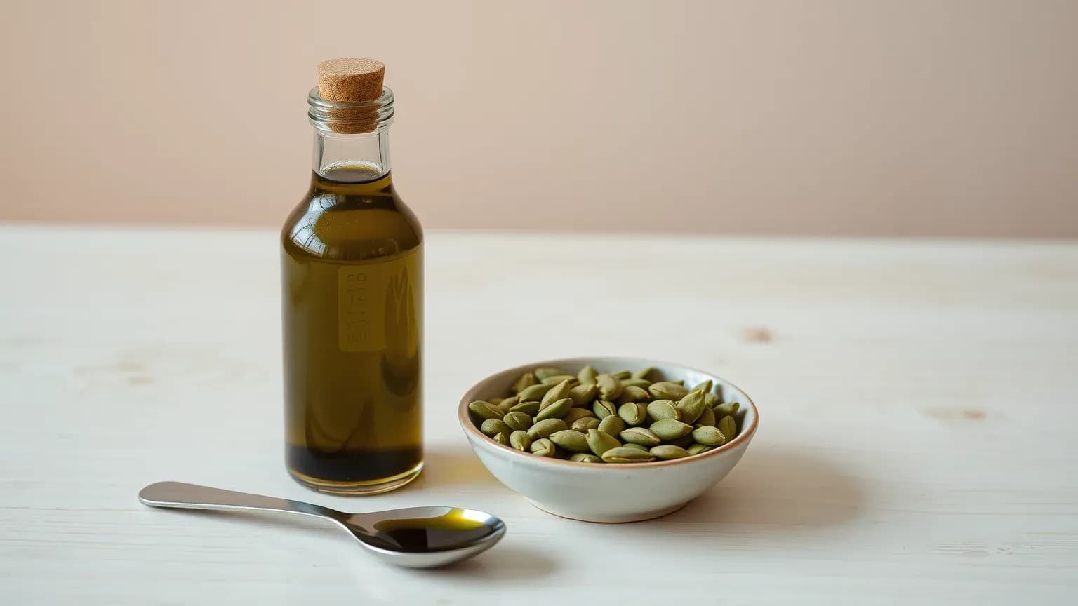 A corked bottle of green pumpkin seed oil, a teaspoon of the oil and a bowl of pumpkin seeds