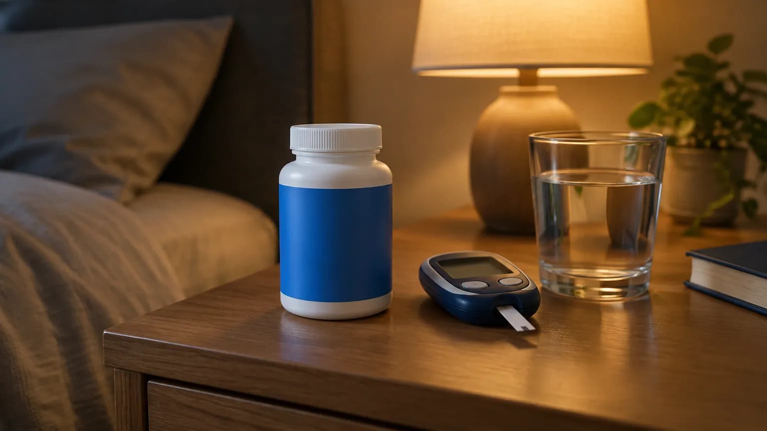 Blood sugar supplement capsules beside a glucose meter on a bedside table