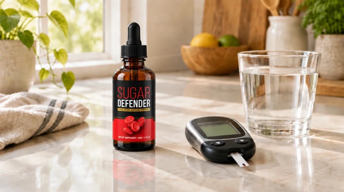 Unbranded dropper bottle of a liquid supplement beside a glucose meter on a kitchen counter