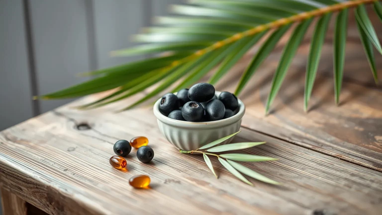 A small dish of dark berries and a few amber softgels beneath a palm frond on a weathered wooden table