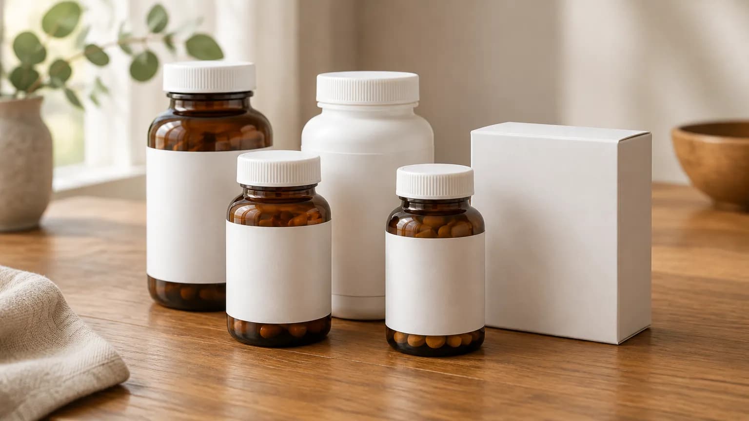Several supplement bottles and a prescription box arranged on a wooden table